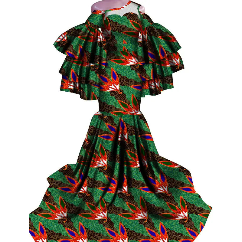 Vintage Ladies African Print Traditional Fishtail Dress with Tropical Bird-of-Paradise Print.