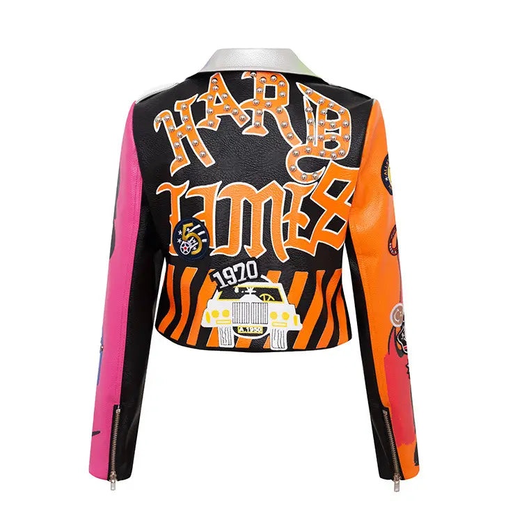 Graffiti Printed Pu Leather Womens Motorcycle Jacket