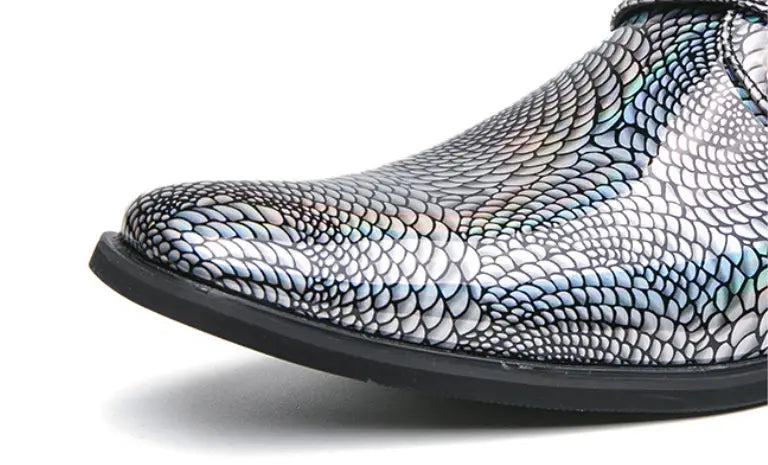 Stylish metallic snake print dress shoes with a buckle, perfect for any occasion.