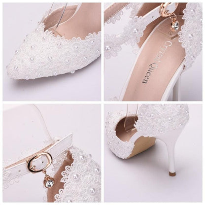 Almond Toe Lace Wedding Shoes | White Lace with Flower