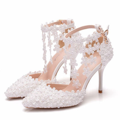 Almond Toe Lace Wedding Shoes | White Lace with Flower