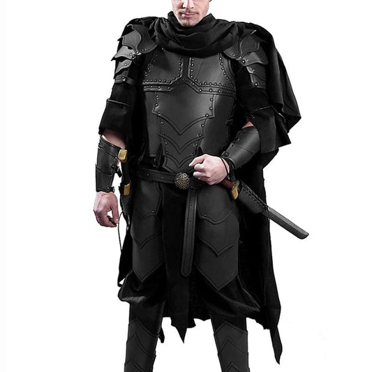 Medieval-style black leather armor with a cape and sword.