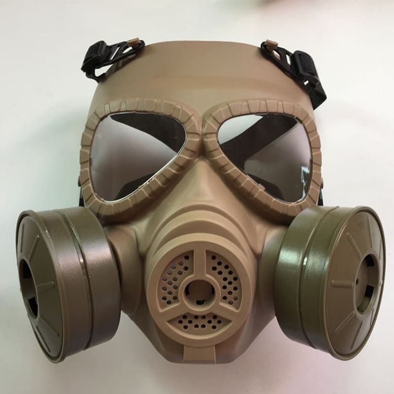 Military-style gas mask with dual filters and goggle-like eye openings.