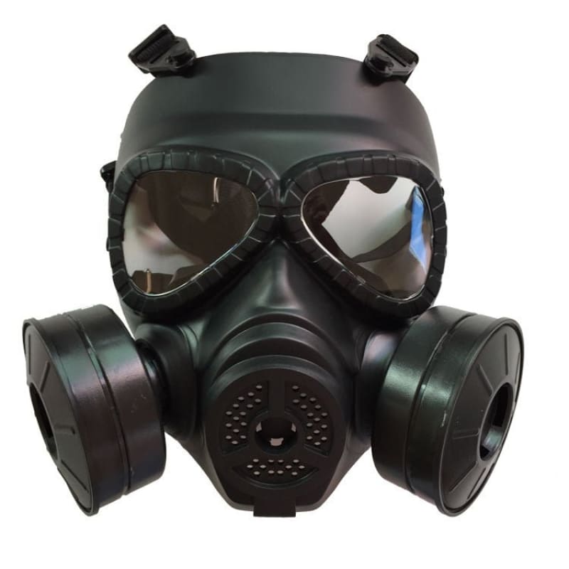 Gas mask with large goggle-style eye protection and dual filter canisters.