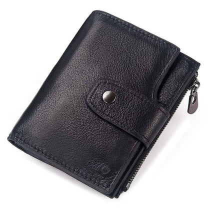 Black leather wallet with a snap closure and zipper compartment.