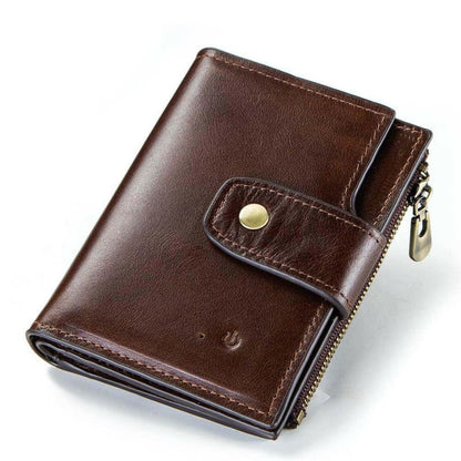 Brown leather wallet with a snap closure and zipper compartment.