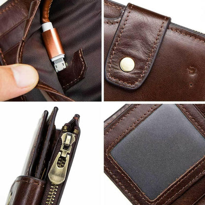 Brown leather wallet with multiple compartments and detailing.