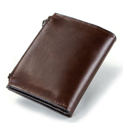 Brown leather wallet with a folded design.