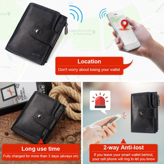 Black leather wallet with smart tracking capabilities.