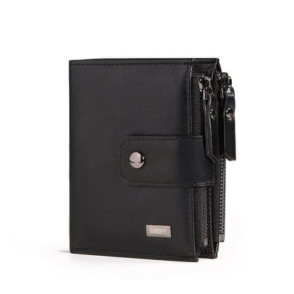 Black leather wallet with multiple compartments and a snap closure.