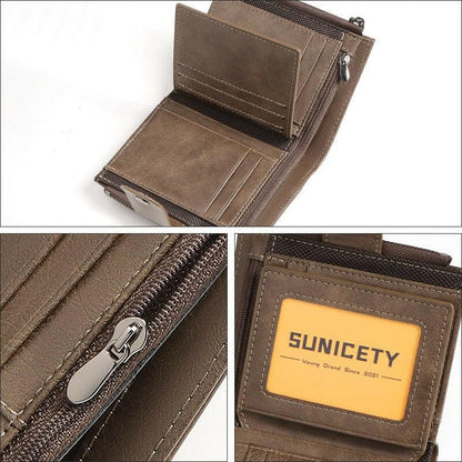 Brown leather wallet with multiple compartments and a ’Sunicety’ brand label.