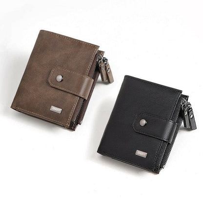 Two leather wallets, one brown and one black, with zipper compartments and snap closures.