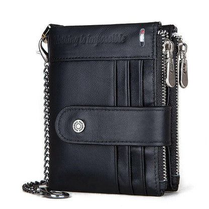 Black leather wallet with multiple compartments and a chain attachment.