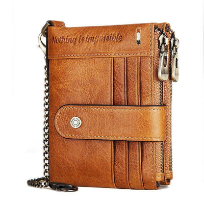 Brown leather wallet with card slots, zipper compartment, and chain attachment.