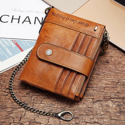 Brown leather wallet with multiple card slots and a chain attachment.