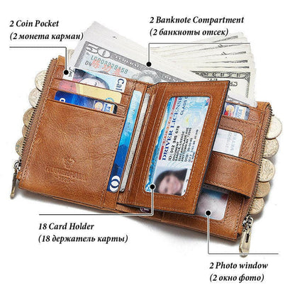 Brown leather wallet with multiple compartments and card slots.