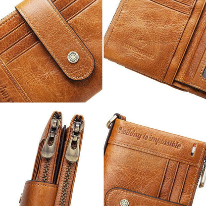 Tan leather wallet with multiple compartments and zipper closures.