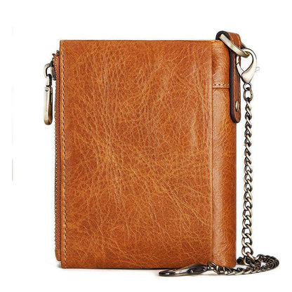 Tan leather wallet with a chain attached.