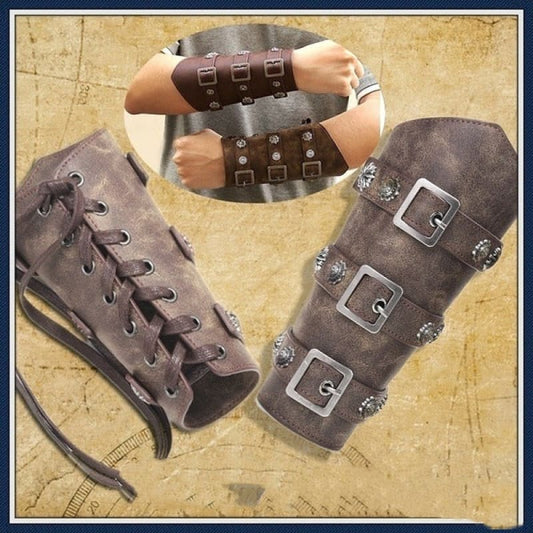 Leather arm guards or bracers with buckles and laces.