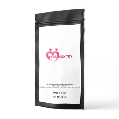 Black and white resealable packaging pouch with a pink logo.