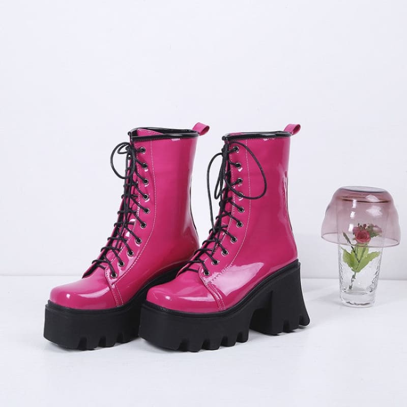 Autumn Thick Heel Short Lace Up Patent Boots Black Rose Red