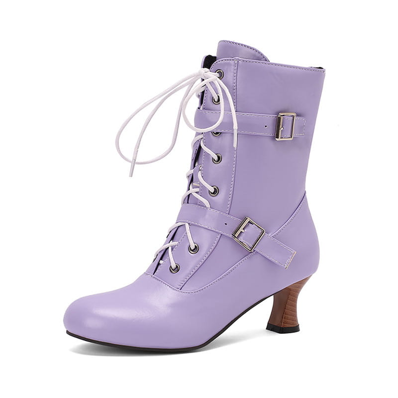 Lavender mid heel lace-up boots with buckle straps and a stylish curved heel.