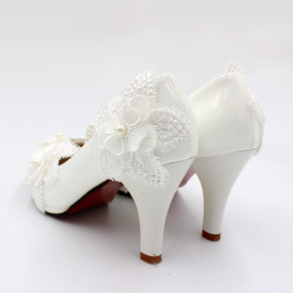 White Floral Bridal Shoes With Pearl Straps