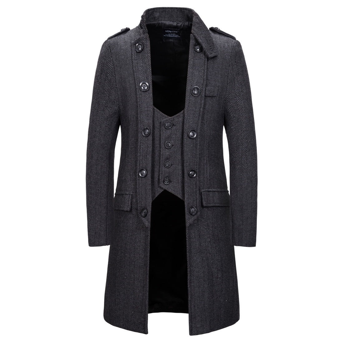 Mens Mid-length Herringbone Overcoat With Attached Waistcoat