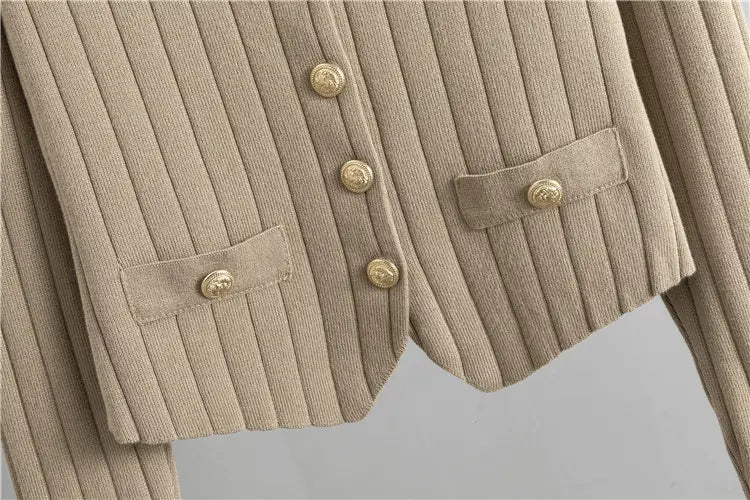 Beige ribbed cardigan with buttons and pockets from Chanel Style Wide Leg Three-Piece Set