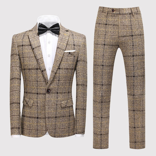 Men's Three-piece Slim-fitting English Style Checked Suit