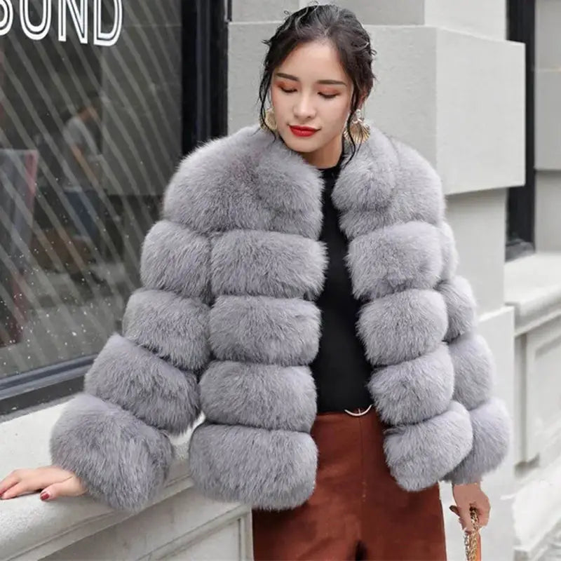 Faux Fox Fur Ladies Slimming and Stand Collar Coat