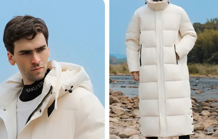 Long white puffy coat showcasing Men’s Luxury Padded Quilted Long Coat style.