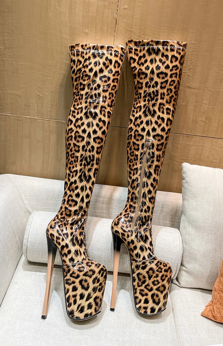 Leopard Print Stretch Tall High Heel Boots