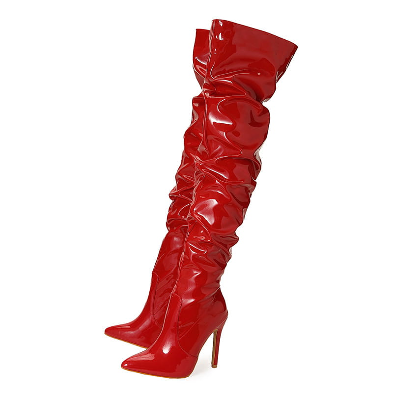 High Heel Ruffled Design Knee Length Patent Boots