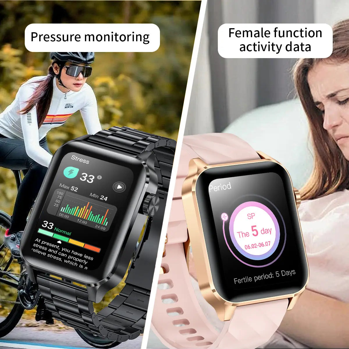 Split image of Stylish Black Smartwatch with Bluetooth calling and waterproof health monitoring features.