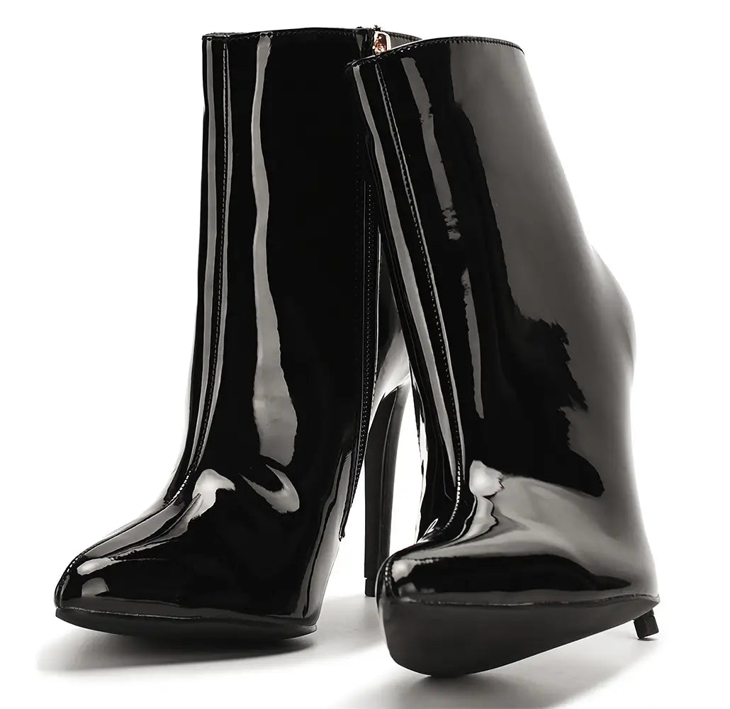 Faux Patent Leather Pointed Toe Side Zipper Fine High Heel
