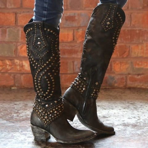 Ladies Western Cowgirl Boots With Rivet Detail and Chunky