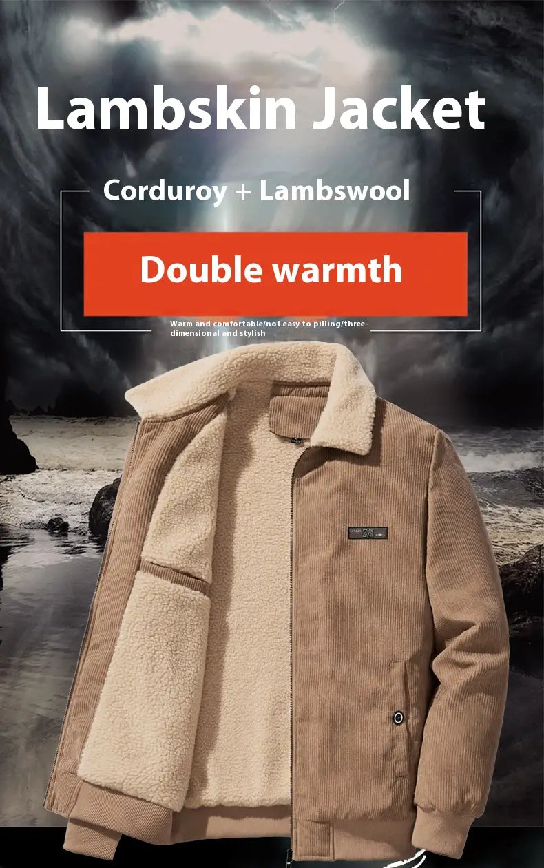 Gray Fleece-lined Corduroy Winter Coat for Men