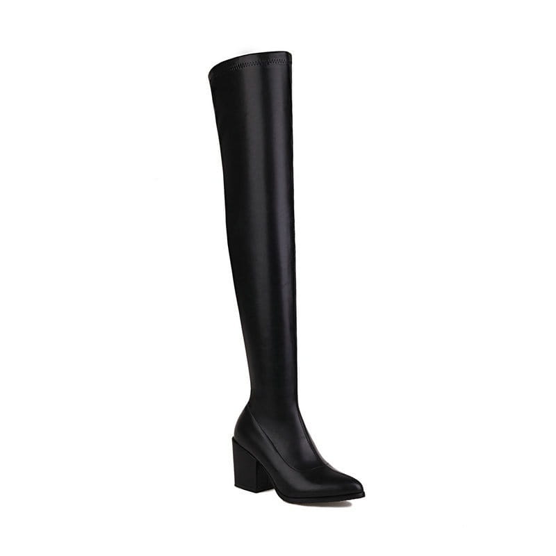 Over-the-Knee Stiefel mit dickem, hohem Absatz und elastischer Spitze