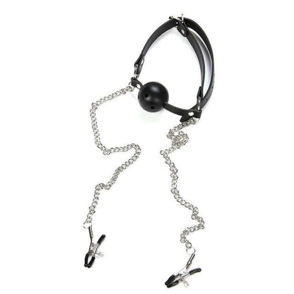 Ball Gag with Attached Nipple Clamps for Bondage Play black