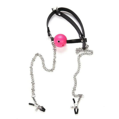 Ball Gag with Attached Nipple Clamps for Bondage Play pink