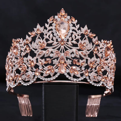 Ornate rose gold and diamond tiara with intricate floral designs.