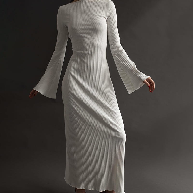 White Ribbed Dress with Flared Sleeves and Backless Lace Up