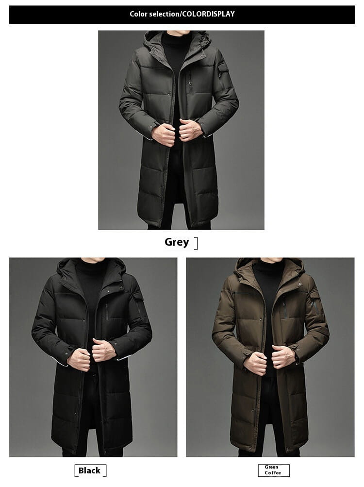 Mens Knee Length Coat with Thermal Insulation in grey, black, and brown options.