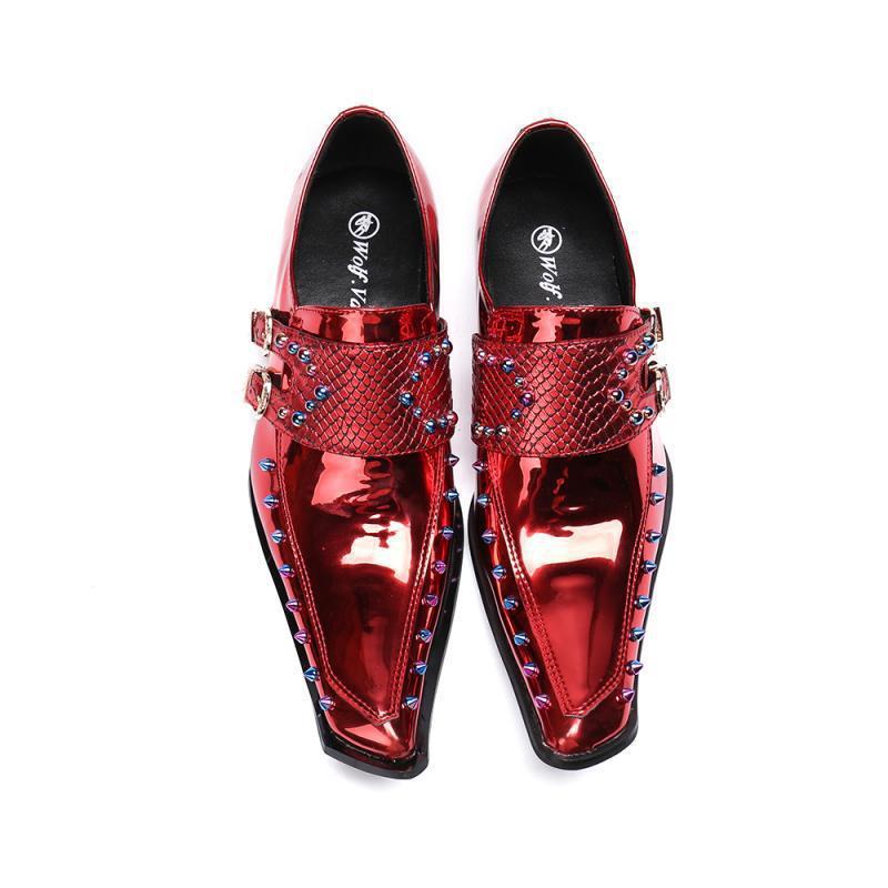 Leather Men's Pointed Patent Embossed Wine Red Shoes