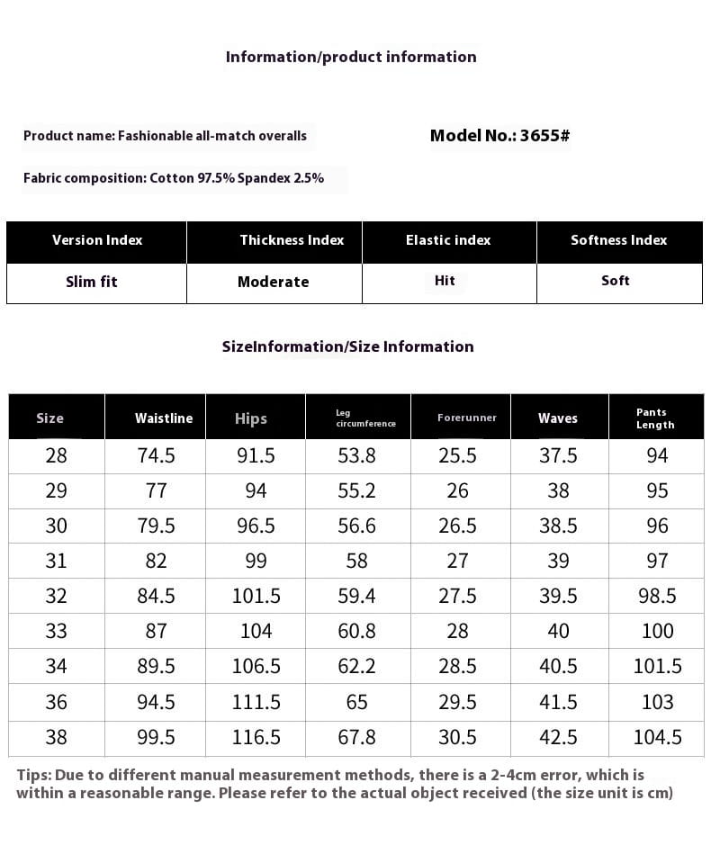 Size chart for Brown Slim Fit Elastic Cargo Trousers, perfect casual denim pants.