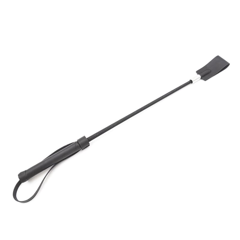 Riding crop with a leather loop handle and flat tip.