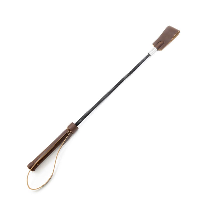 Riding crop with a leather handle and wrist strap.