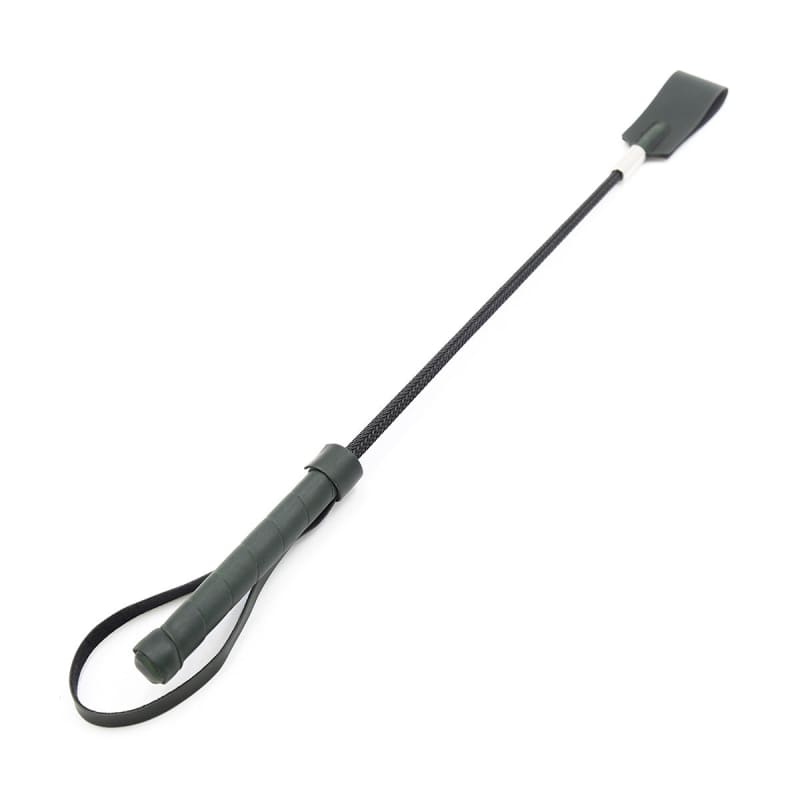 Riding crop with a flat leather tip and wrist loop handle.