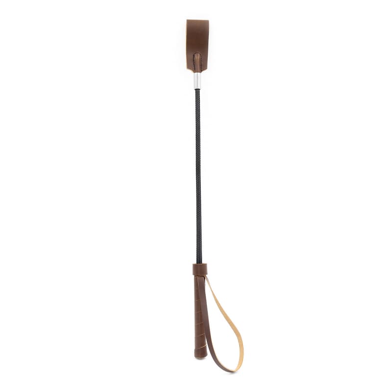 Riding crop with a brown leather handle and wrist strap.